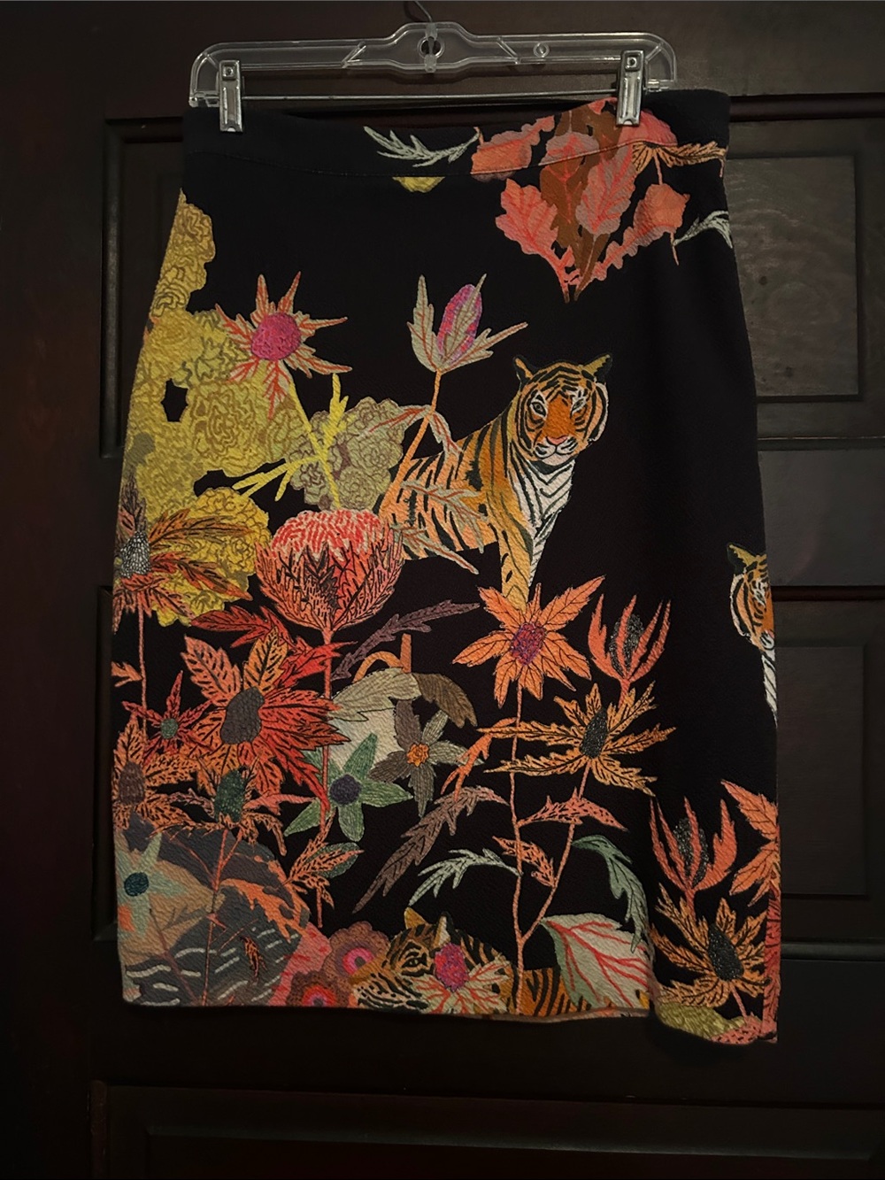 Anthropologie Black Mini Skirt with Multicolor Floral & Tiger Motif